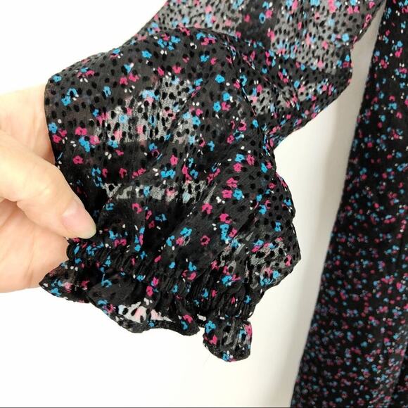 CeCe Long Sleeve Black Dress Wisttful Blooms Size 4 Retro Ditzy-floral Tie Neck - Picture 5 of 16